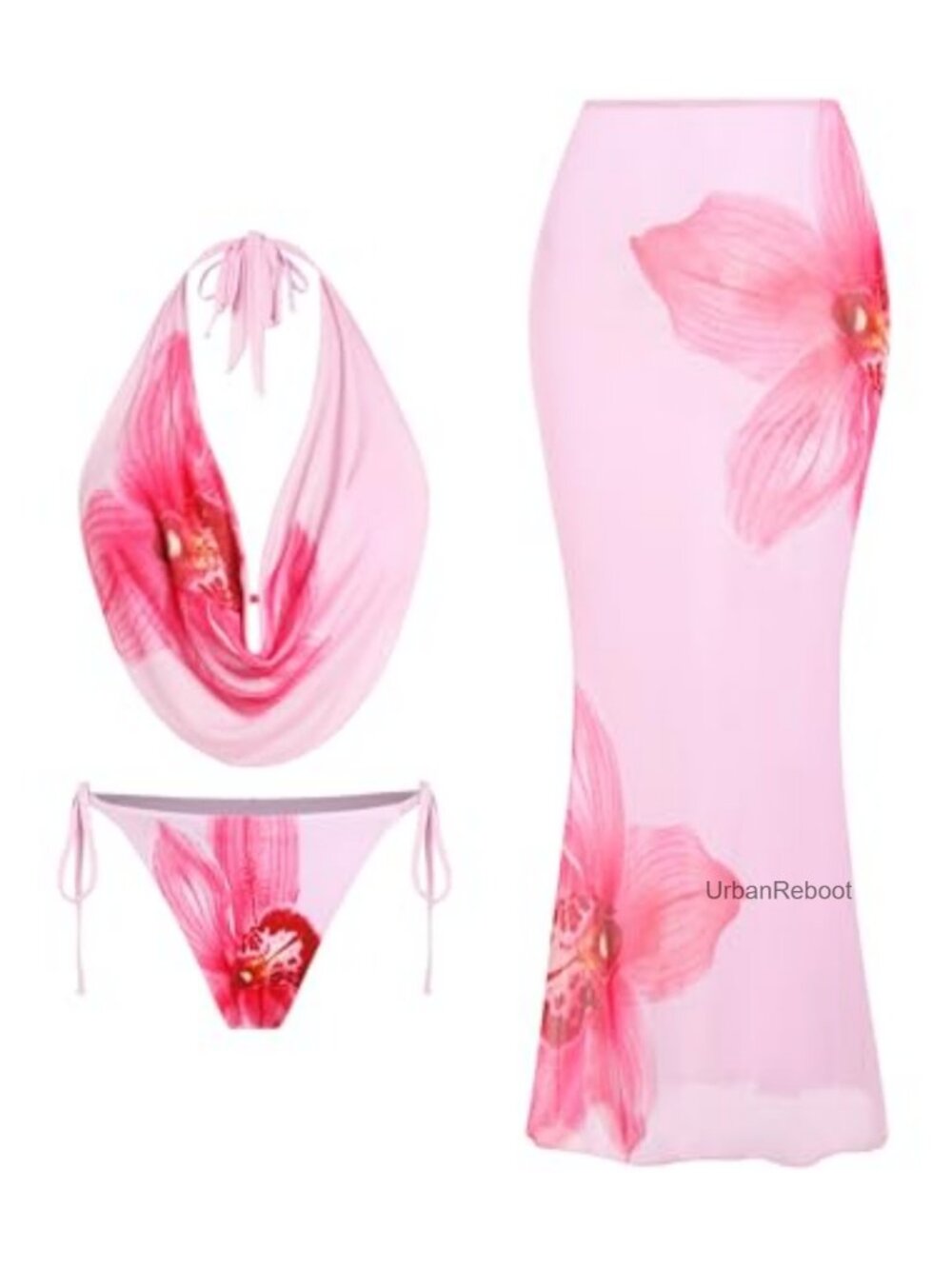 3 Piece Halter Bikini Set with Sheer Mesh Coverup Skirt